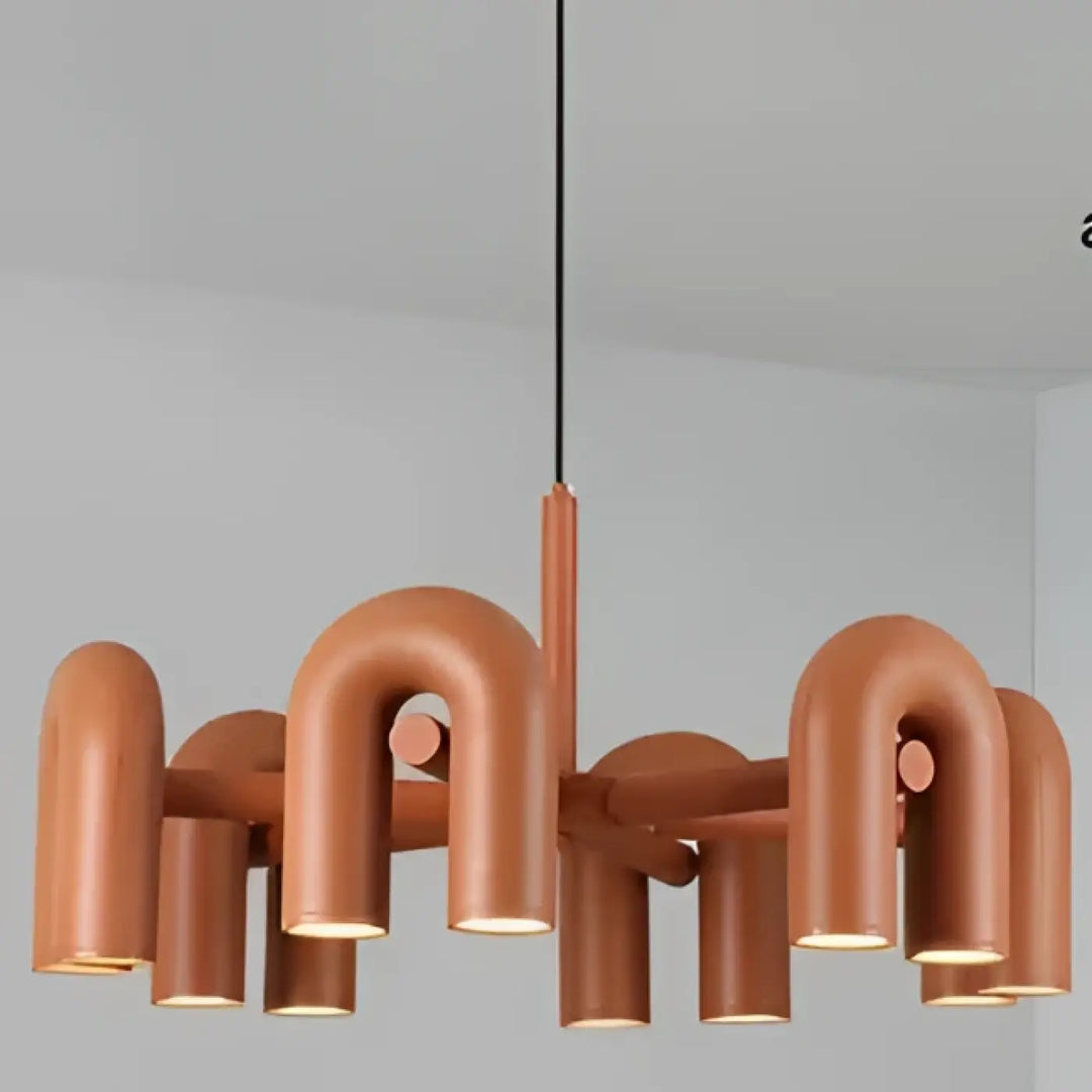 Suspension luminaire ural en cuivre avec design industriel et tubes courbes avec ampoules à lumière chaude