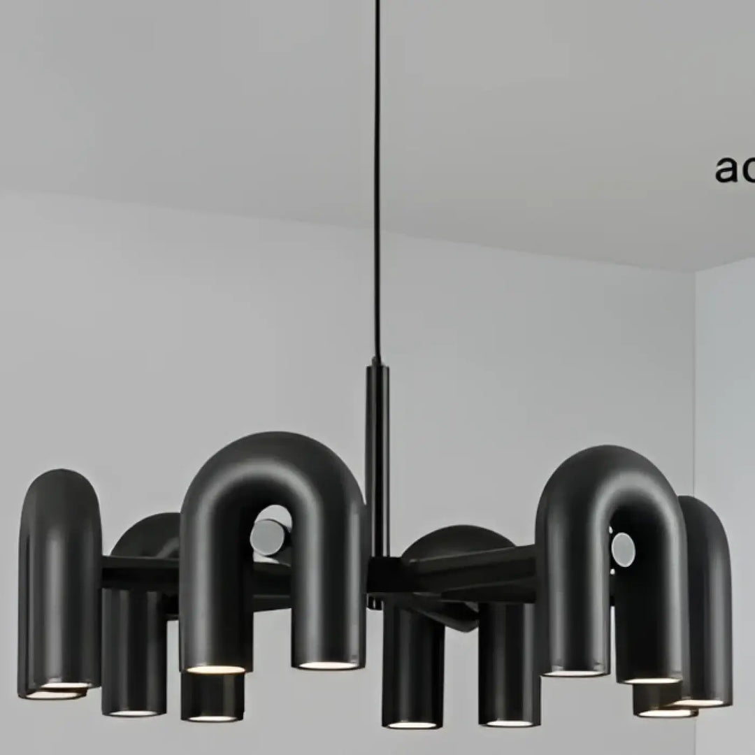 Suspension luminaire ura noir mat style industriel avec bras courbés en tuyau et ampoules led intégrées