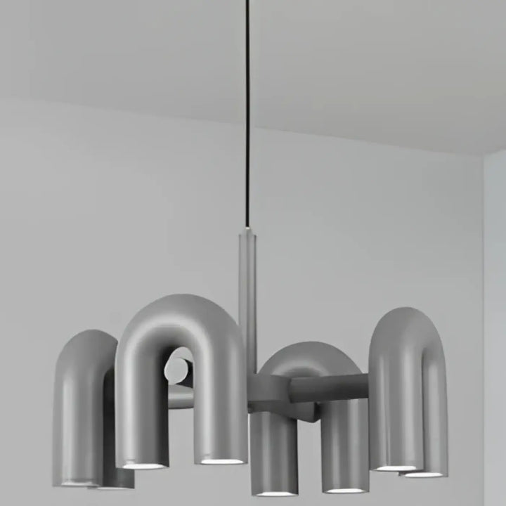 Suspension luminaire ural argentée style industriel avec bras incurvés en forme de tuyau et tige verticale centrale