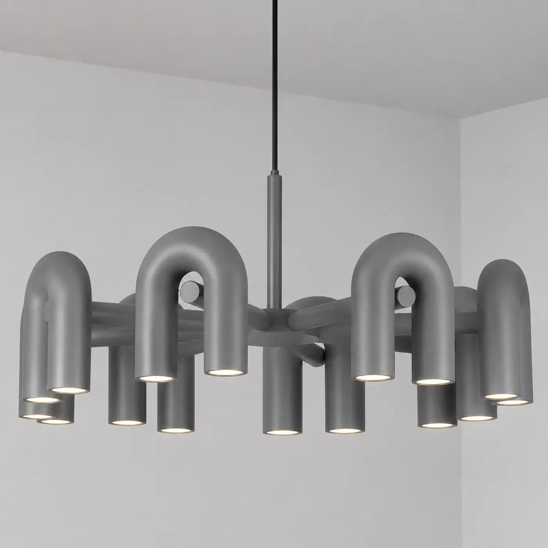 Suspension luminaire urA en métal gris moderne avec bras courbés en u et luminaires cylindriques pour un luminaire design élégant
