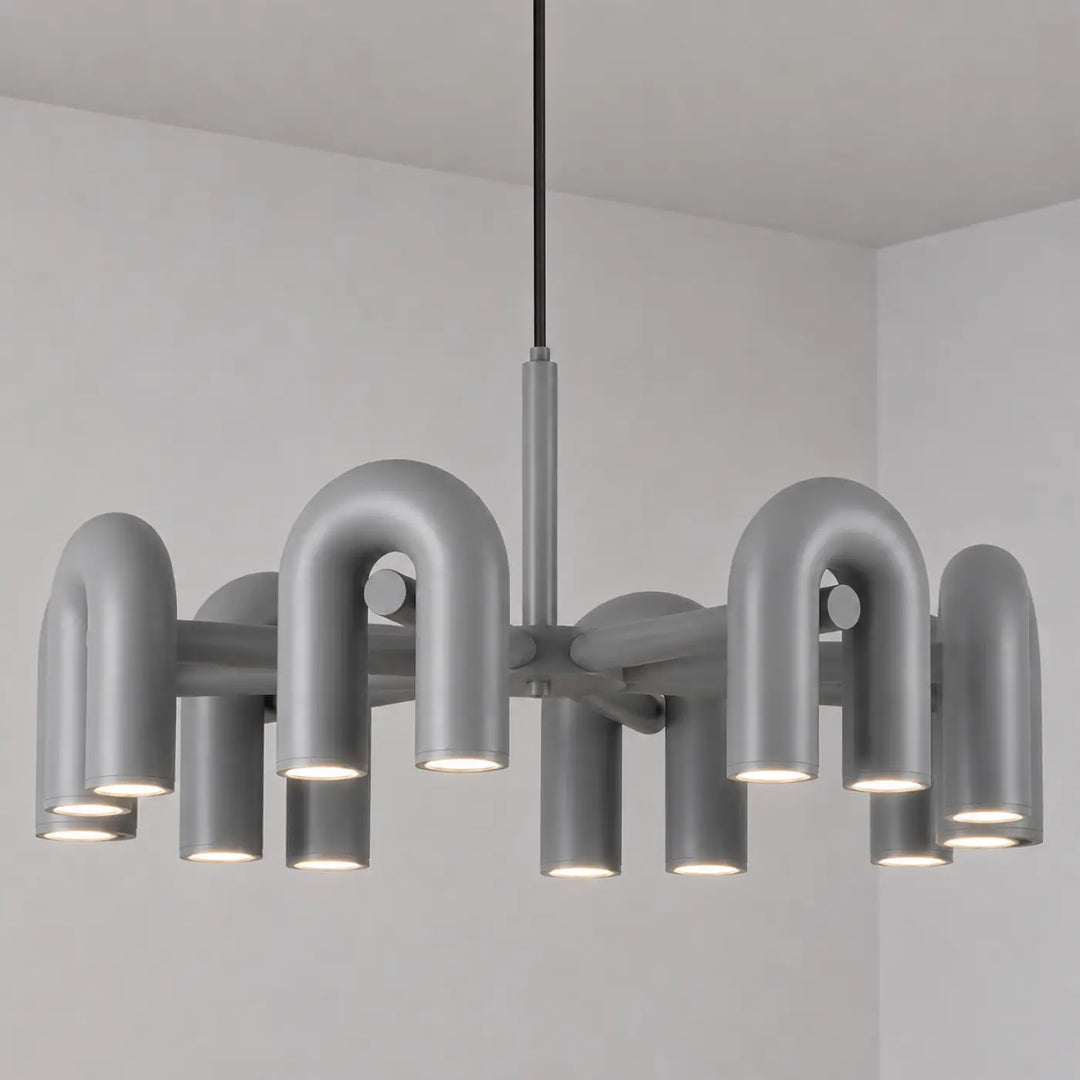 Suspension luminaire urA en métal gris moderne avec bras incurvés en u et luminaires cylindriques luminaire design