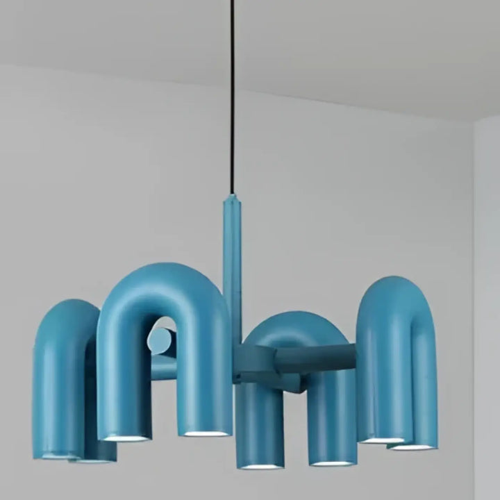 Suspension luminaire bleu métallique avec bras courbés et interconnectés dans un design luminaire moderne urA
