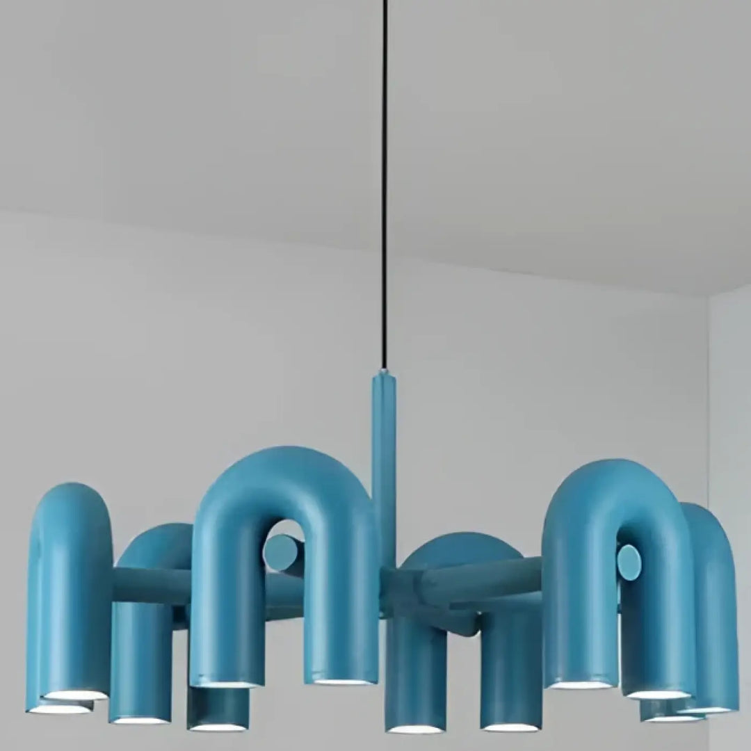 Suspension luminaire bleu en forme de u avec finition métallique dans un design luminaire moderne urà