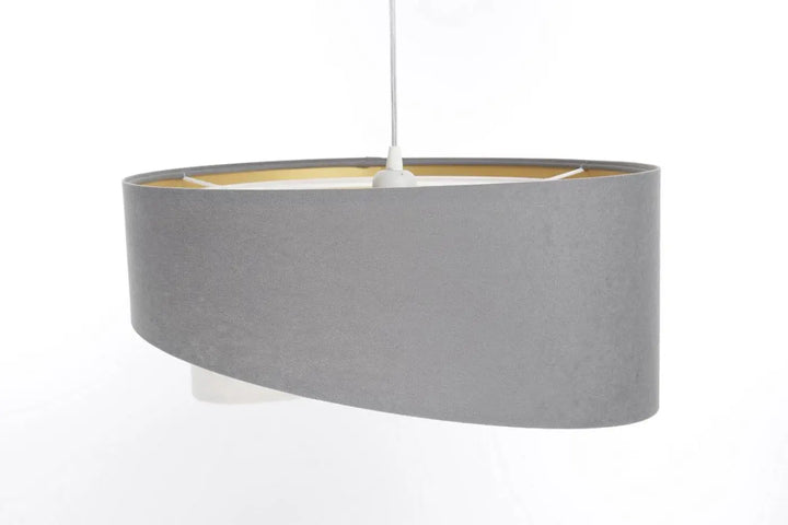 Suspension luminaire galaxy auric gris avec abat-jour ovale en tissu mat et reflets dorés subtils à lintérieur