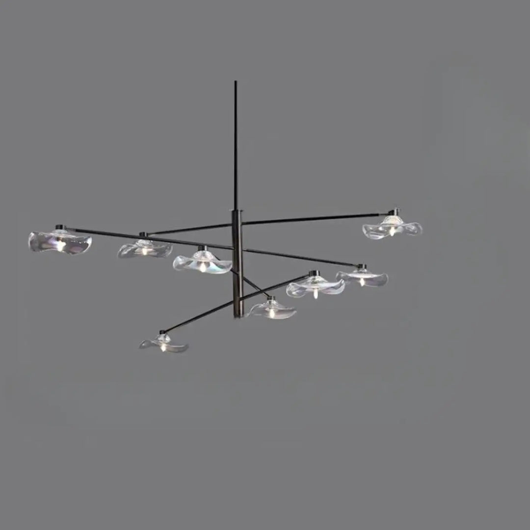 Suspension luminaire vetros noir moderne en métal avec huit abat-jours en verre clair forme pétale design inspirée