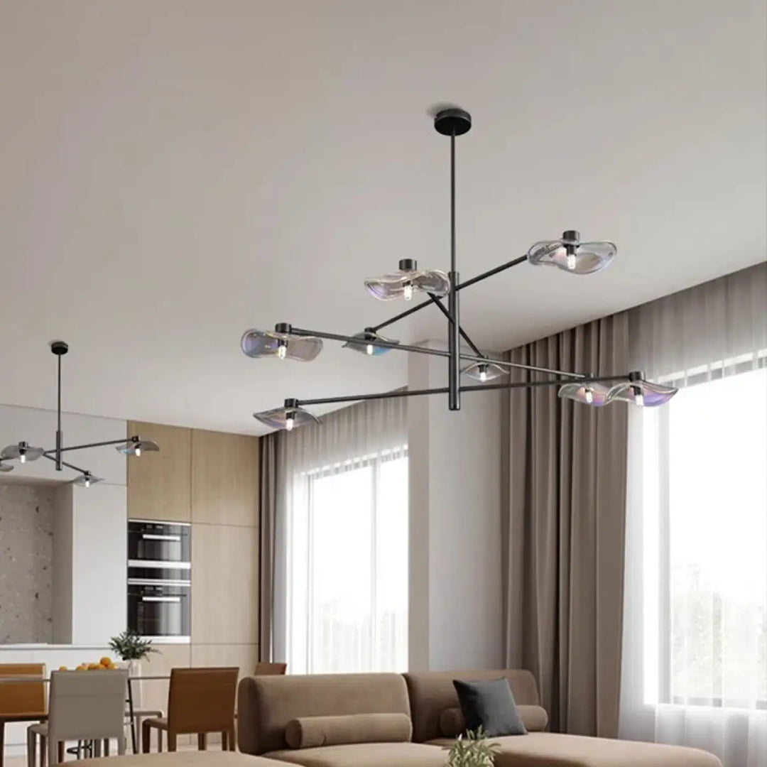 Suspension luminaire vetros en métal noir moderne avec abat-jours en verre translucide irisé design inspirée