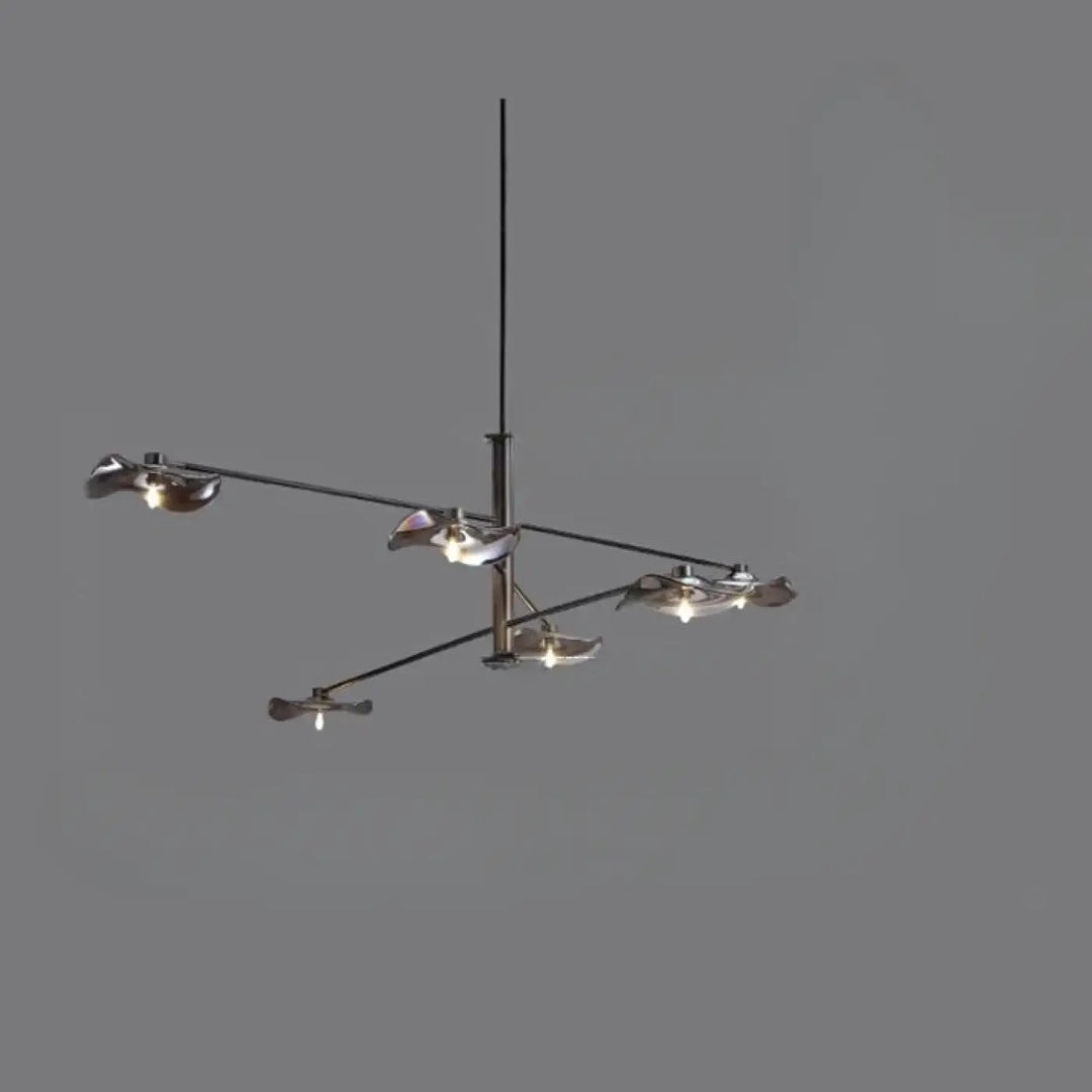 Suspension luminaire vetros en nickel brossé moderne avec cinq luminaires sculpturaux en forme de feuille en arrangement radial