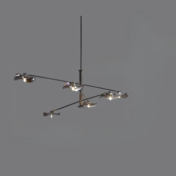 Suspension luminaire vetros en nickel brossé moderne avec cinq luminaires sculpturaux en forme de feuille en arrangement radial