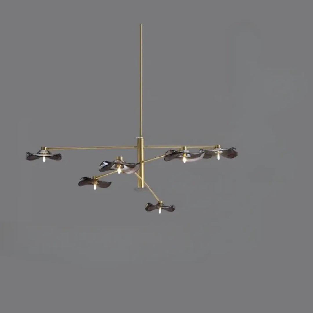 Suspension luminaire vetros en laiton moderne avec six abat-jours en verre translucide foncé en forme de feuille
