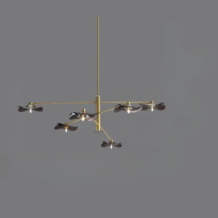 Suspension luminaire vetros en laiton moderne avec six abat-jours en verre translucide foncé en forme de feuille