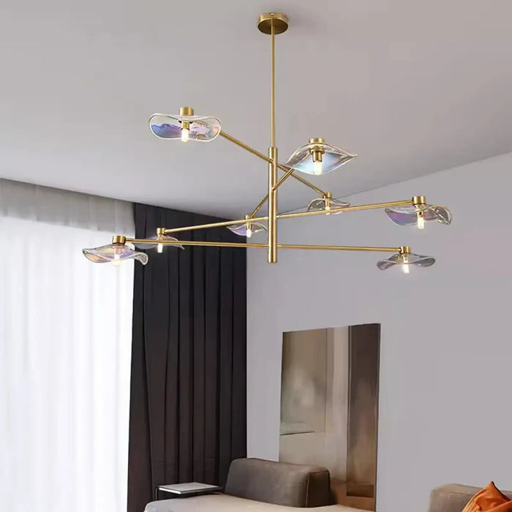 Suspension luminaire vetros en laiton moderne avec abat-jours en verre irisé pour un luminaire design inspirée contemporain