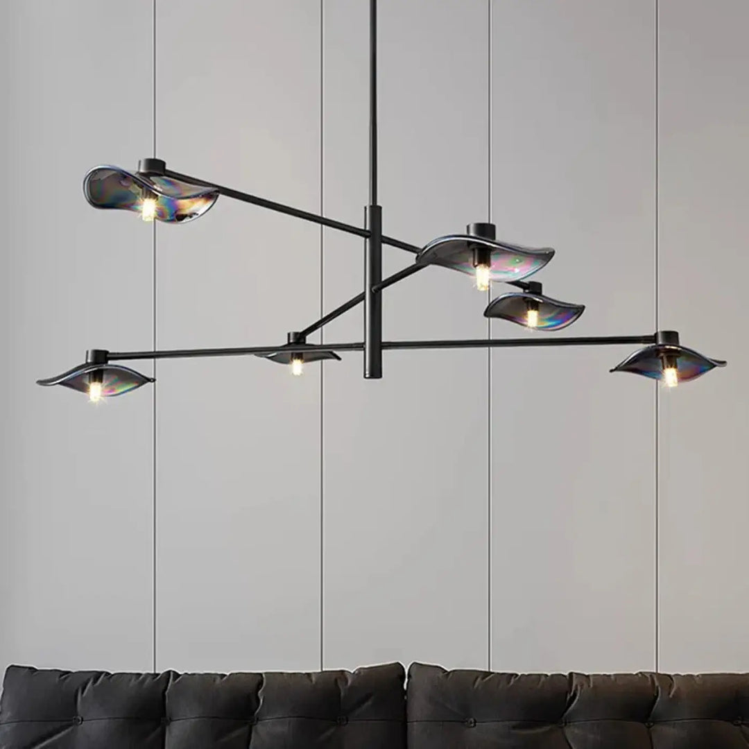 Suspension luminaire vetros en métal noir avec six abat-jours en verre irisé design inspirée moderne
