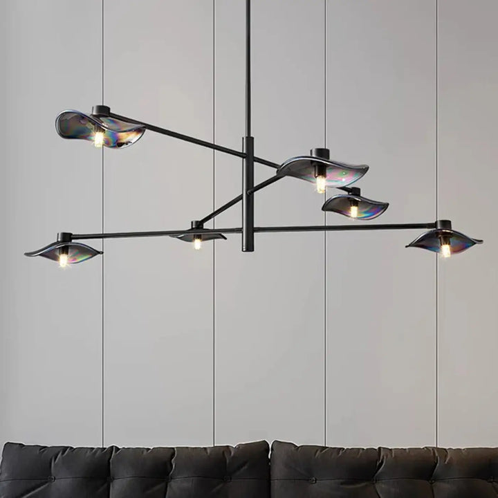 Suspension luminaire vetros en métal noir avec six abat-jours en verre irisé design inspirée moderne