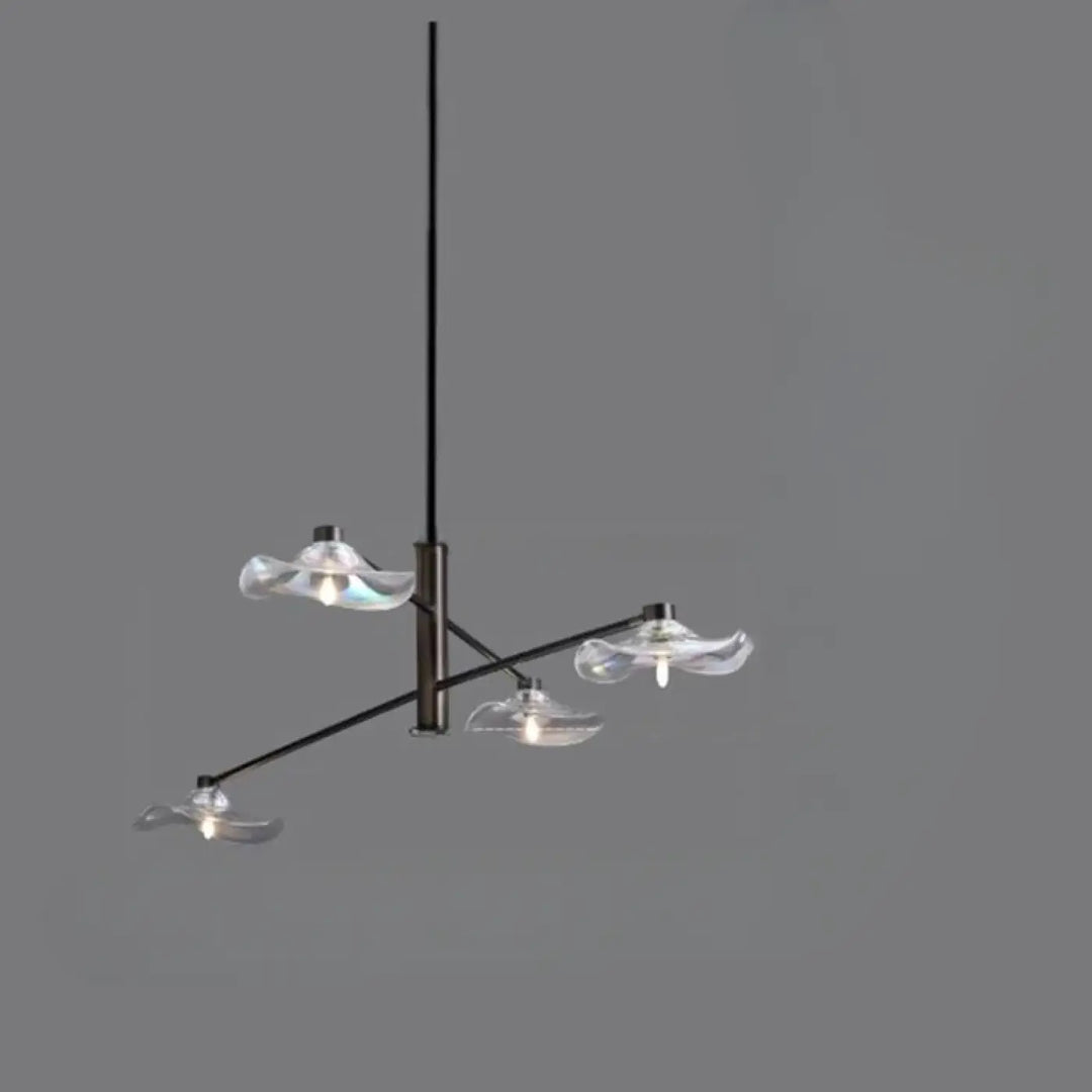 Suspension luminaire vetros en métal noir moderne avec trois abat-jours en verre translucide irisé design inspirée