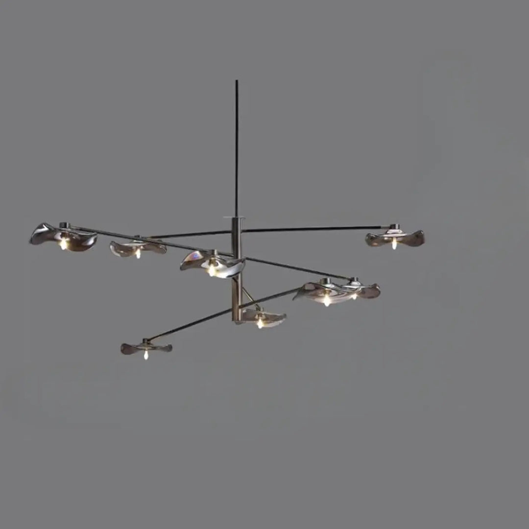 Suspension luminaire design vetros avec six abat-jours en verre feuille métalliques et tige centrale noire
