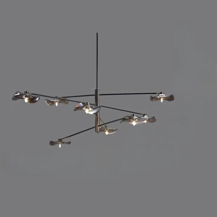 Suspension luminaire design vetros avec six abat-jours en verre feuille métalliques et tige centrale noire