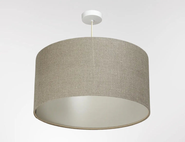 Suspension luminaire design kaki beige en lin cylindrique avec intérieur blanc et fixation au plafond