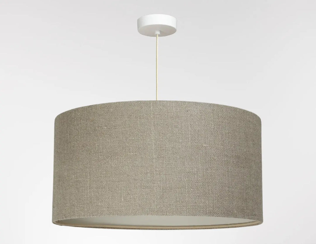Suspension luminaire design kaki en lin beige avec support plafond blanc cylindrique pour éclairage intérieur moderne