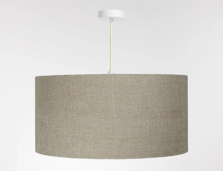 Suspension luminaire design kaki en lin beige cylindrique avec fixation plafond blanche et cordon