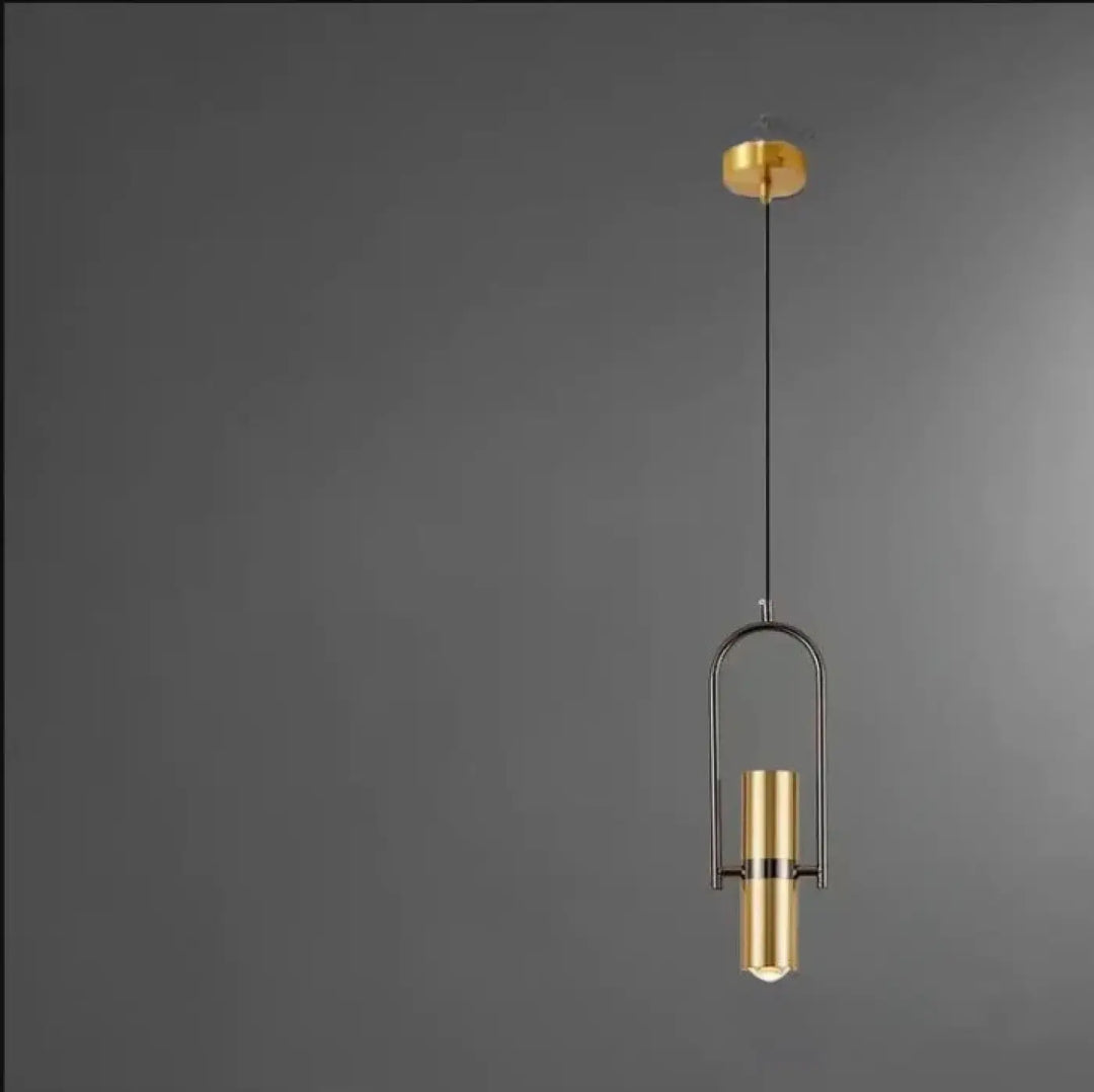 Suspension luminaire sigo en laiton brossé avec spot orientable et ampoule cylindrique suspendue par cadre métallique arquée
