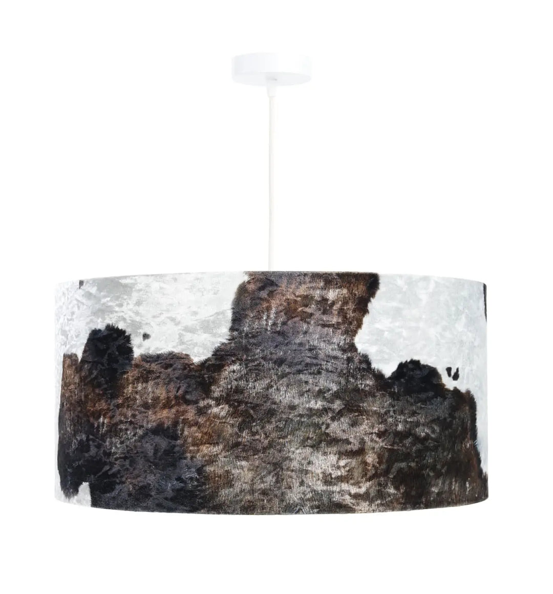 Suspension luminaire safari marron blanc avec abat-jour cylindrique texturé design écorce tree bark