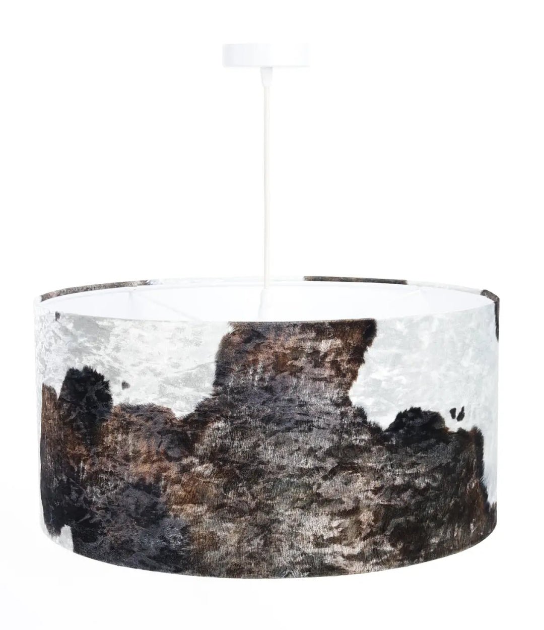 Suspension luminaire safari marron blanc avec abat-jour cylindrique texturé design pierre rugueuse en marron et noir