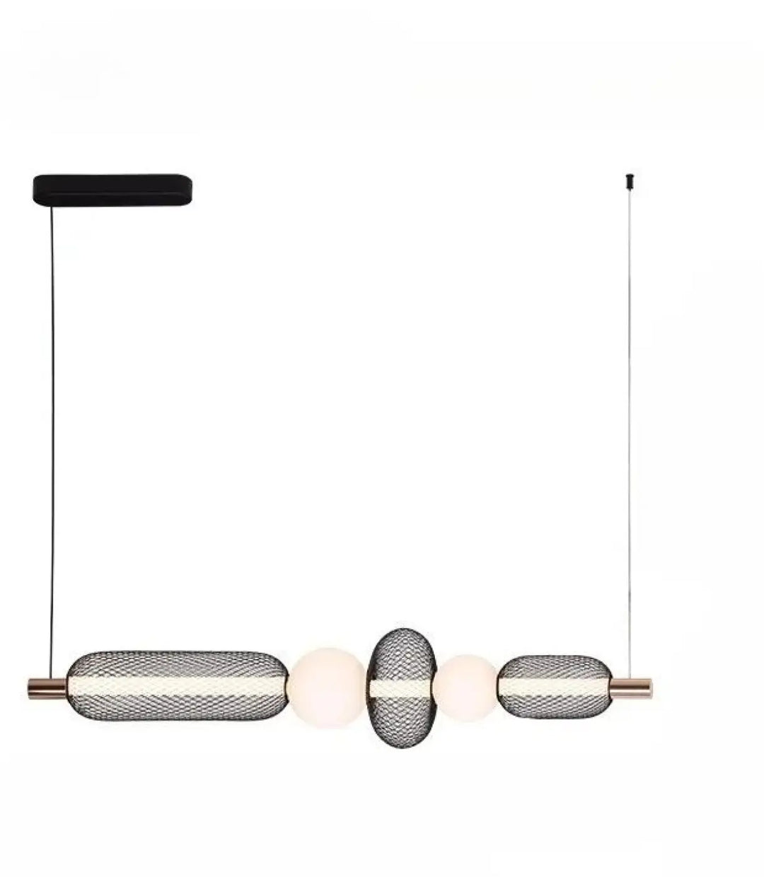 Suspension luminaire vak o lampes suspendues avec support noir rectangle et abat-jours métalliques ovales et sphériques