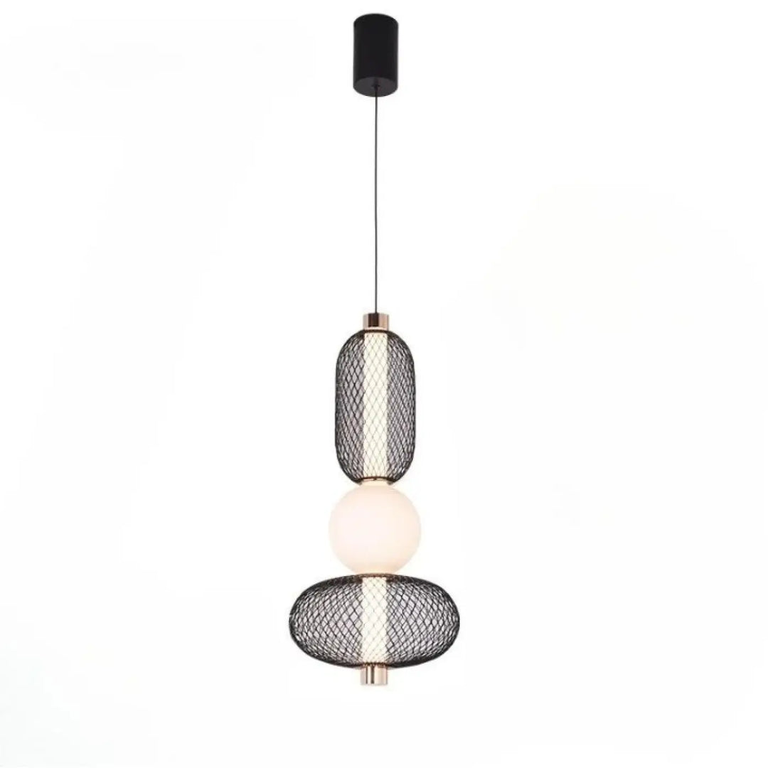 Suspension luminaire vakos lampe suspendue moderne avec design en maille noire et éléments en verre dépoli