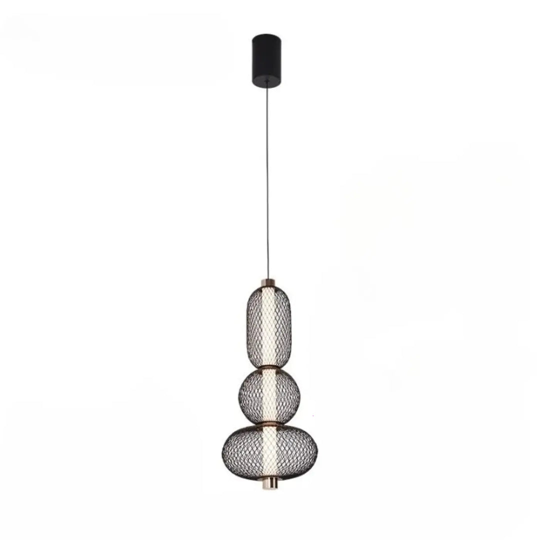 Suspension luminaire vako avec trois abat-jours ovales en maille métallique foncée en lampes suspendues modernes