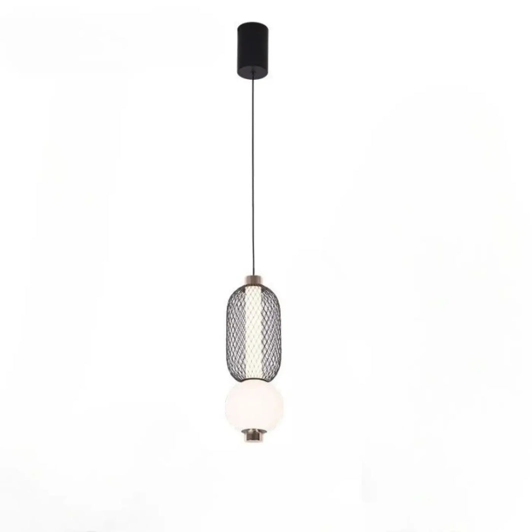 Suspension luminaire vako lampe suspendue noire avec monture cylindrique et cage en maille à double niveau