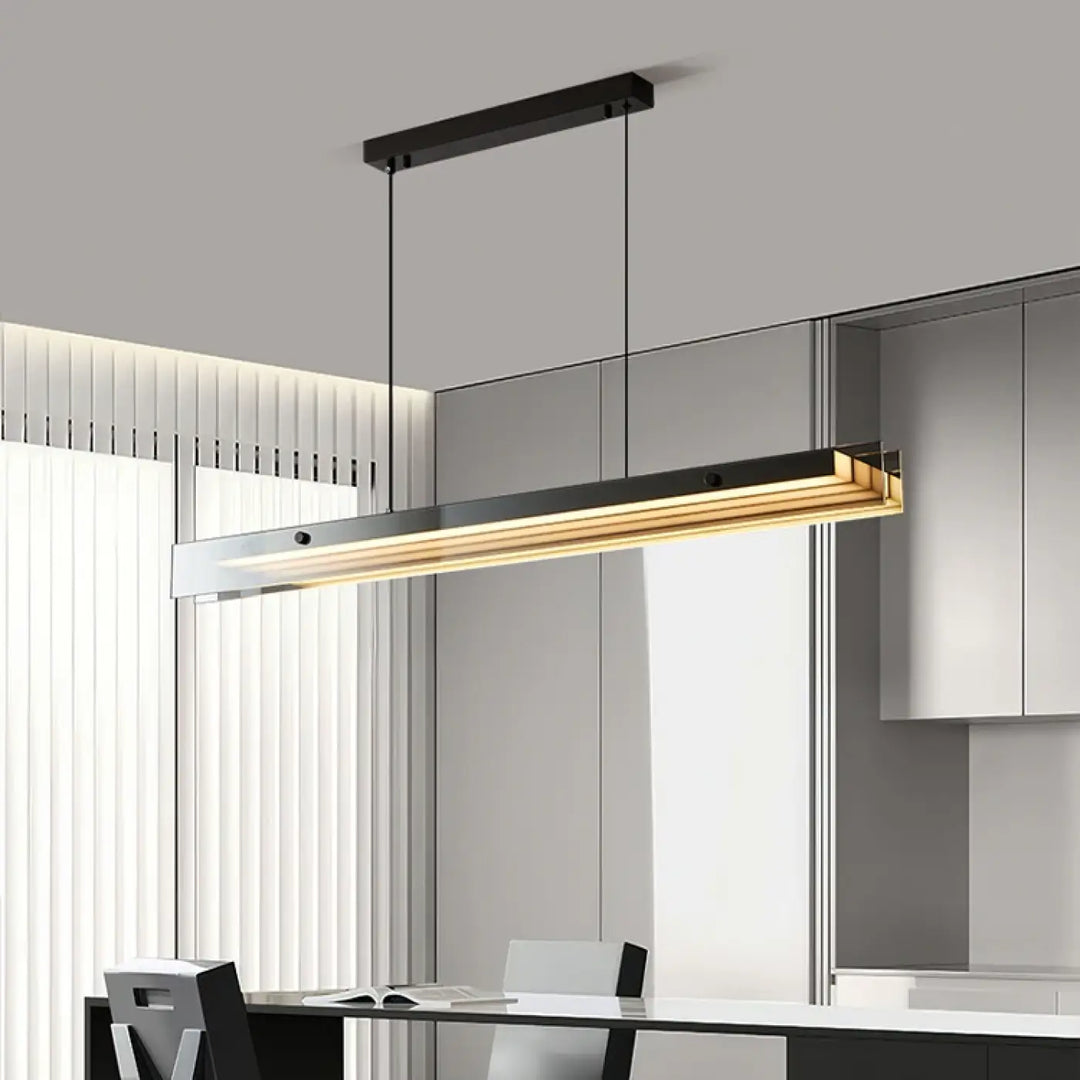 Suspension luminaire design moderne allongée finition dorée noir