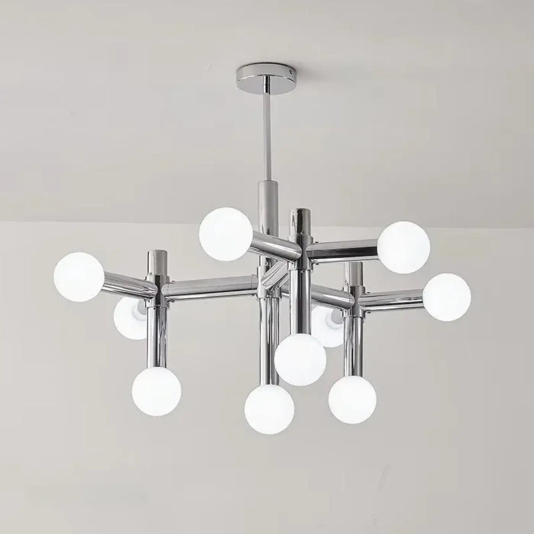 Suspension luminaire keiny en chrome moderne avec plusieurs globes en verre blanc disposés en motif géométrique ramifié