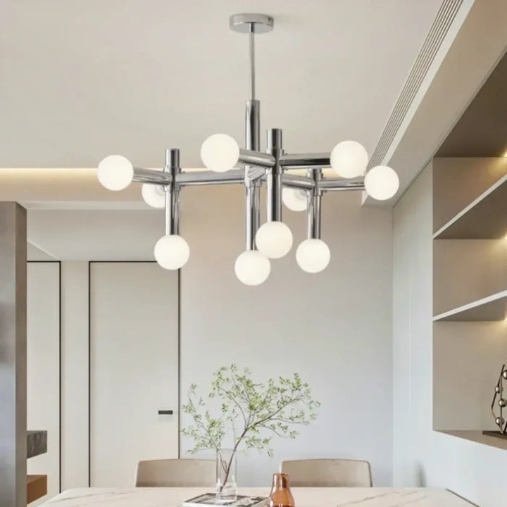 Suspension luminaire keiny en chrome moderne avec plusieurs globes sphériques en verre blanc