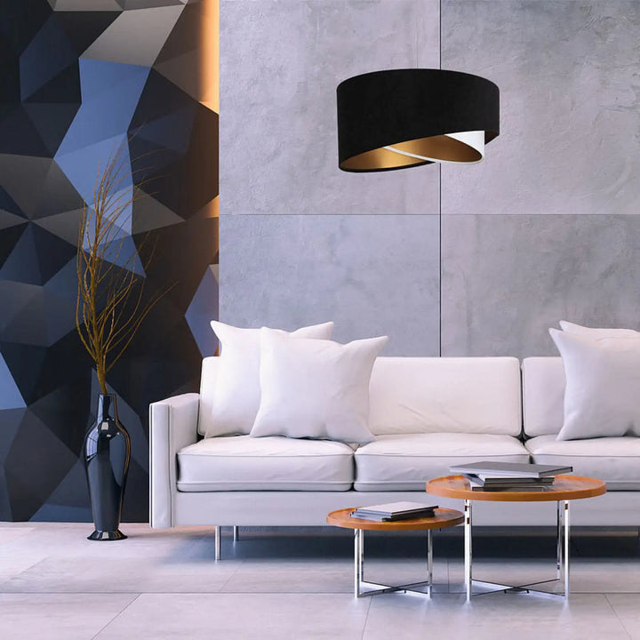 Suspension luminaire galaxy auric noir avec finition cylindrique et intérieur doré aux reflets dorés