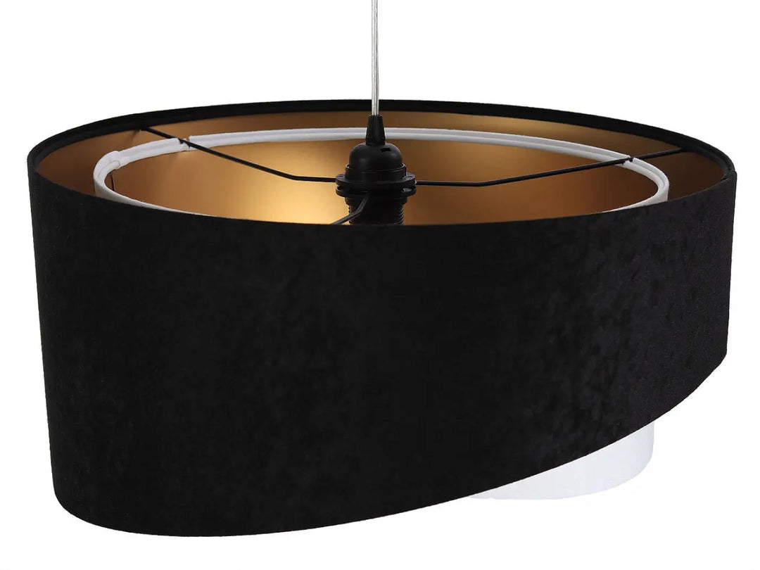Suspension luminaire galaxy auric noir blanc en velours noir avec intérieur doré et anneaux blancs aux reflets dorés