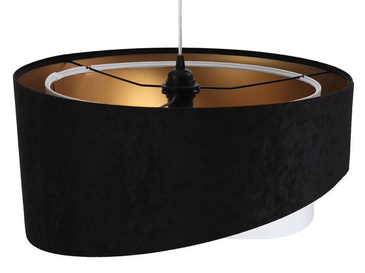 Suspension luminaire galaxy auric noir blanc en velours noir avec intérieur doré et anneaux blancs aux reflets dorés