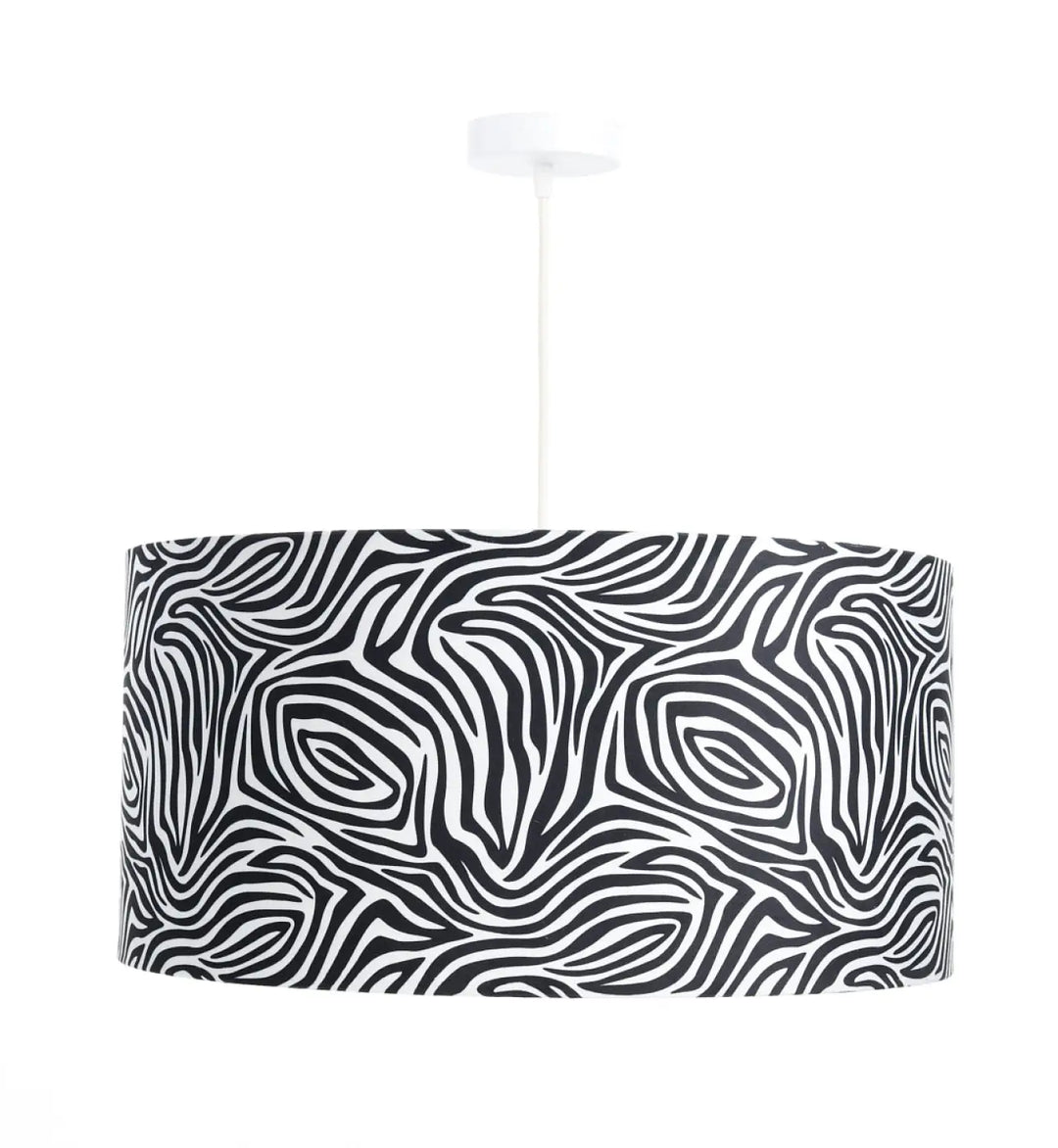 Suspension luminaire safarī avec abat-jour en tissu blanc motif zèbre à rayures noires et blanches