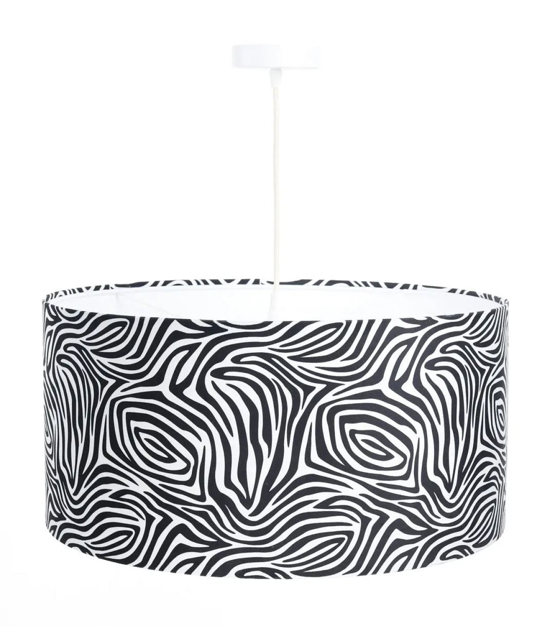 Suspension luminaire safarI noir blanc avec abat-jour tambour motif zèbre et tige blanche suspendue
