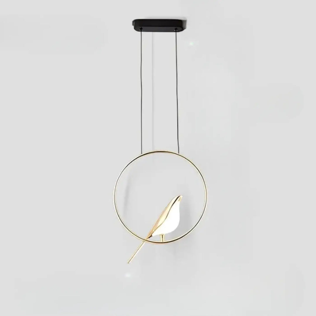 Suspension luminaire fody en métal doré minimaliste avec halo lumineux et abat-jour en forme d’oiseau suspendu