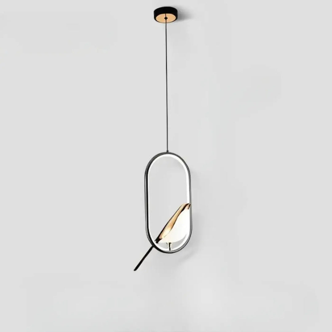 Suspension luminaire fody avec design minimaliste halo lumineux et cadre en métal noir abritant une silhouette dorée