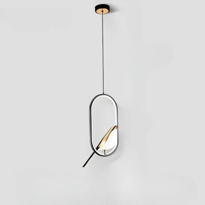 Suspension luminaire fody avec design minimaliste halo lumineux et cadre en métal noir abritant une silhouette dorée