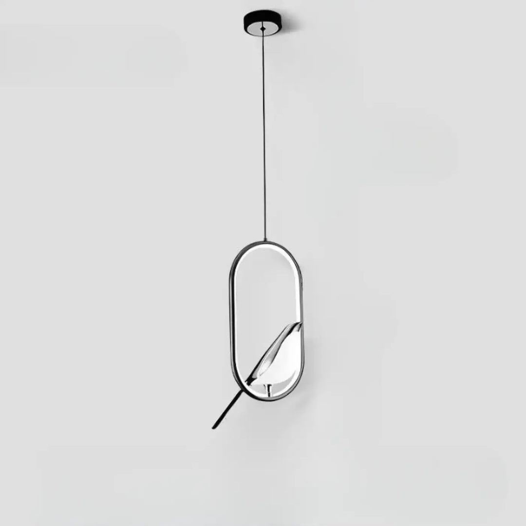Suspension luminaire minimaliste fody avec cadre chrome ovale et abat-jour en verre transparent halo lumineux élégant
