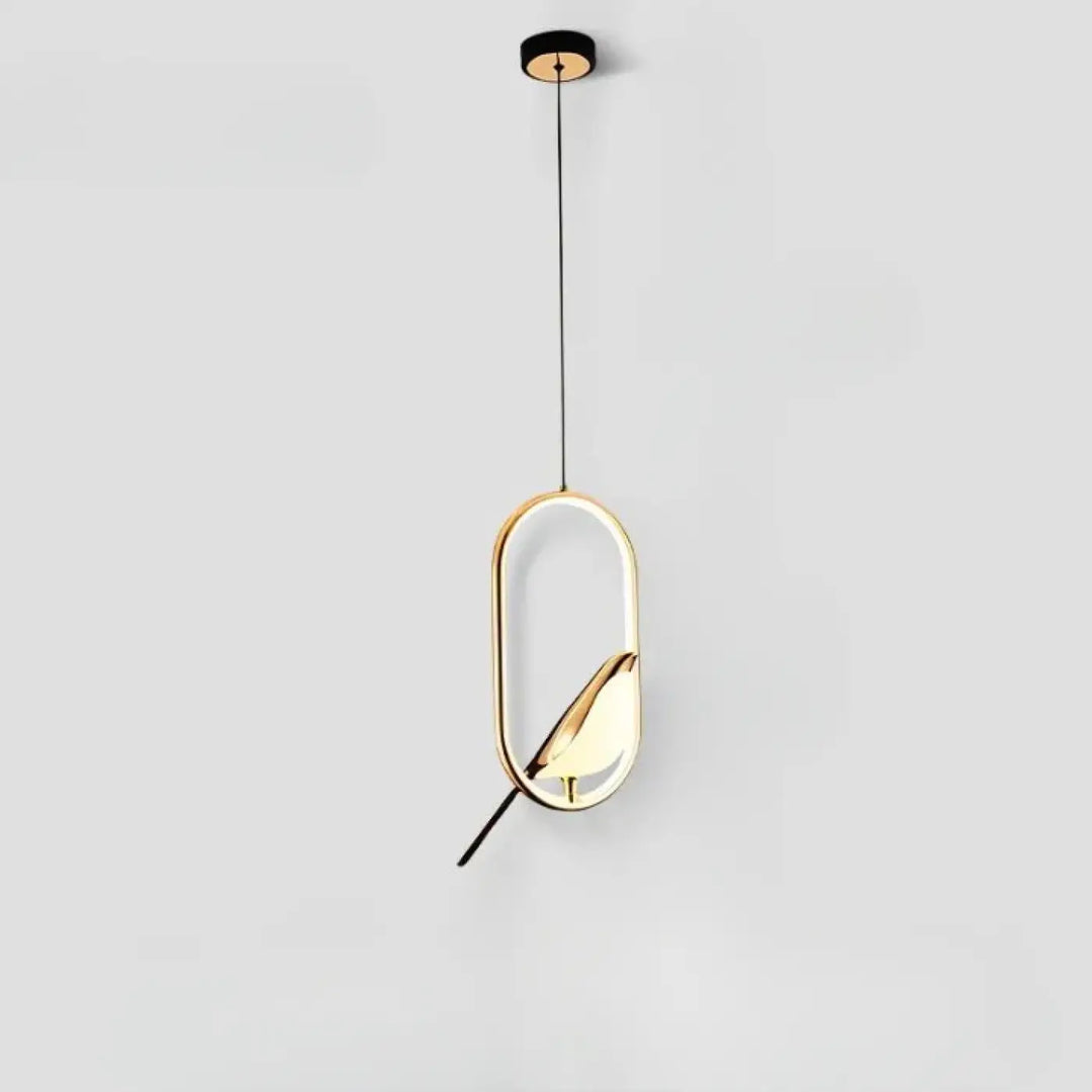 Suspension luminaire fody en métal doré avec design ovale et motif oiseau intégré pour halo lumineux moderne