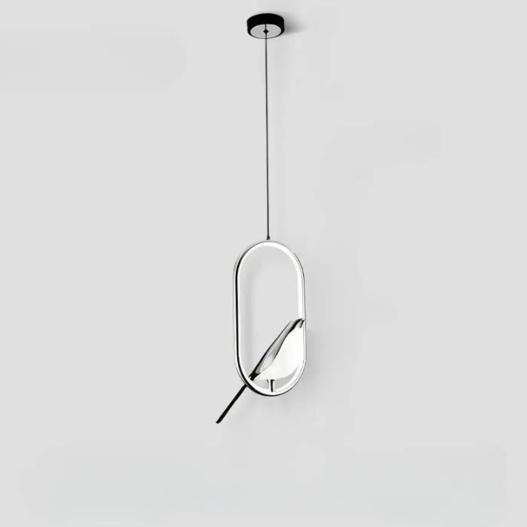 Suspension luminaire fody moderne avec cadre ovale chromé et silhouette d’oiseau en métal poli pour halo lumineux