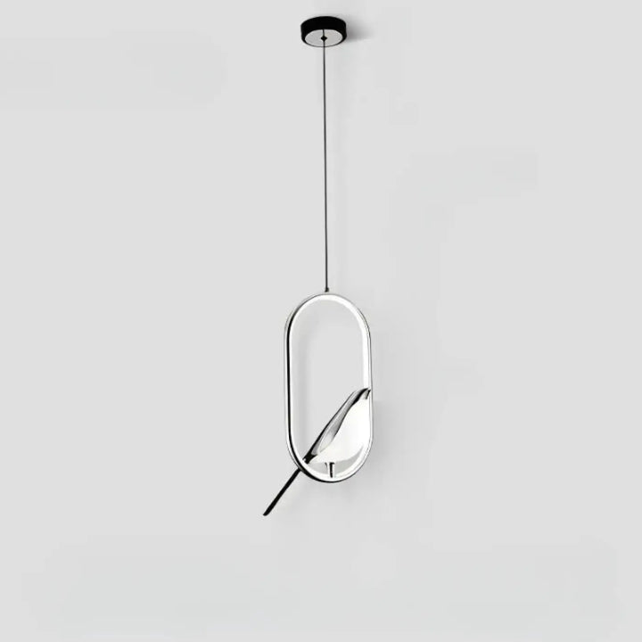 Suspension luminaire fody moderne avec cadre ovale chromé et silhouette d’oiseau en métal poli pour halo lumineux