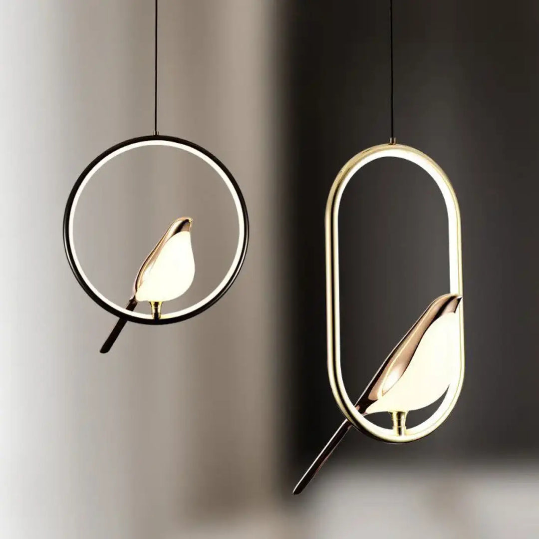 Suspension luminaire fody avec halo lumineux en métal, design minimaliste d oiseaux éclairés dans cadres ovales et circulaires