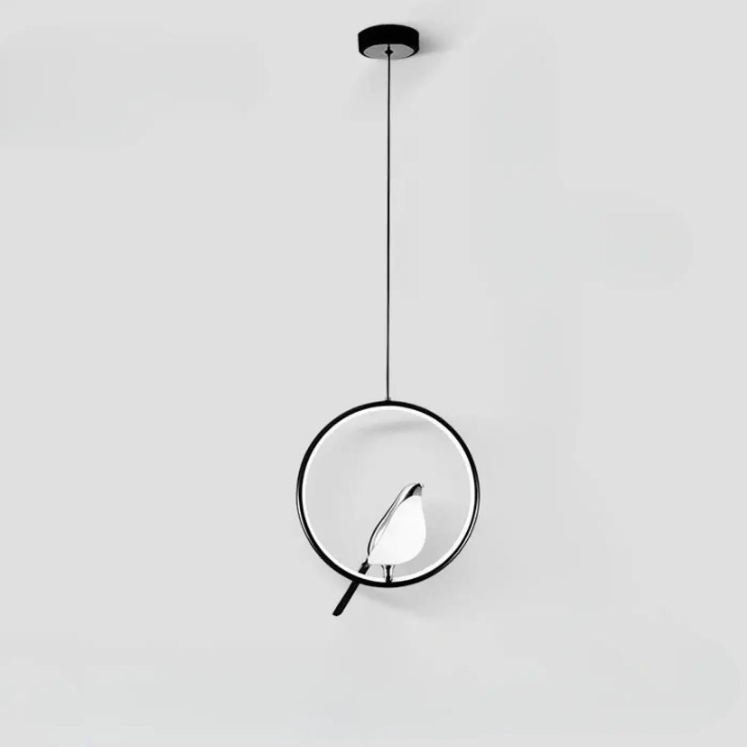 Suspension luminaire fody noir minimaliste avec halo lumineux et silhouette d oiseau éclairée dans un design moderne
