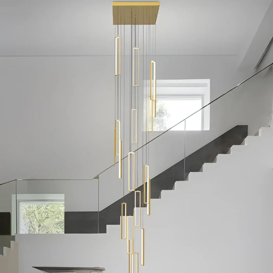 Suspension luminaire vertix en ton or avec tiges cylindriques modernes émettant une source de lumière blanc chaud et blanc froid