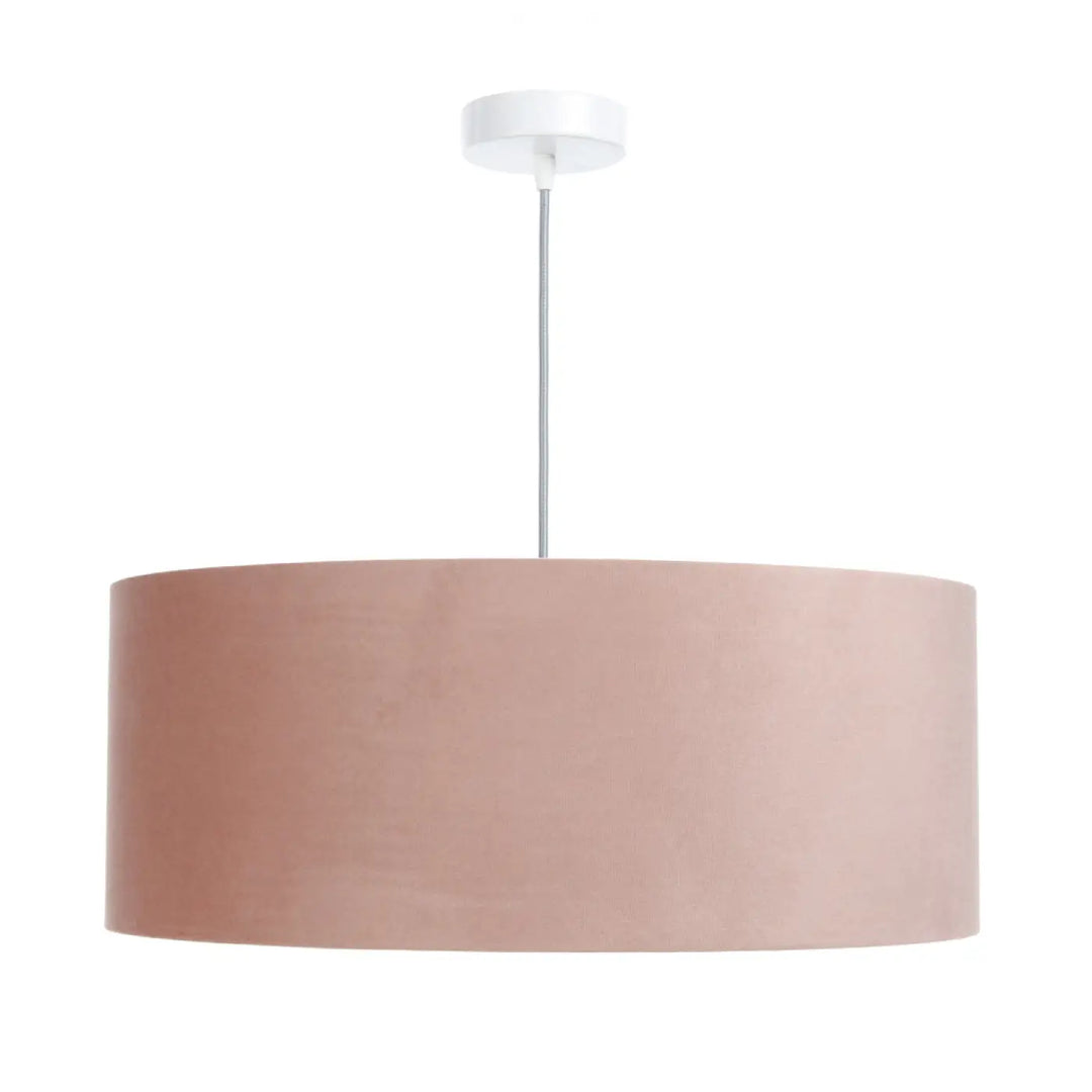 Suspension luminaire duo jasmin en design rose poudré avec abat-jour cylindrique en tissu mat et tige métallique élégante