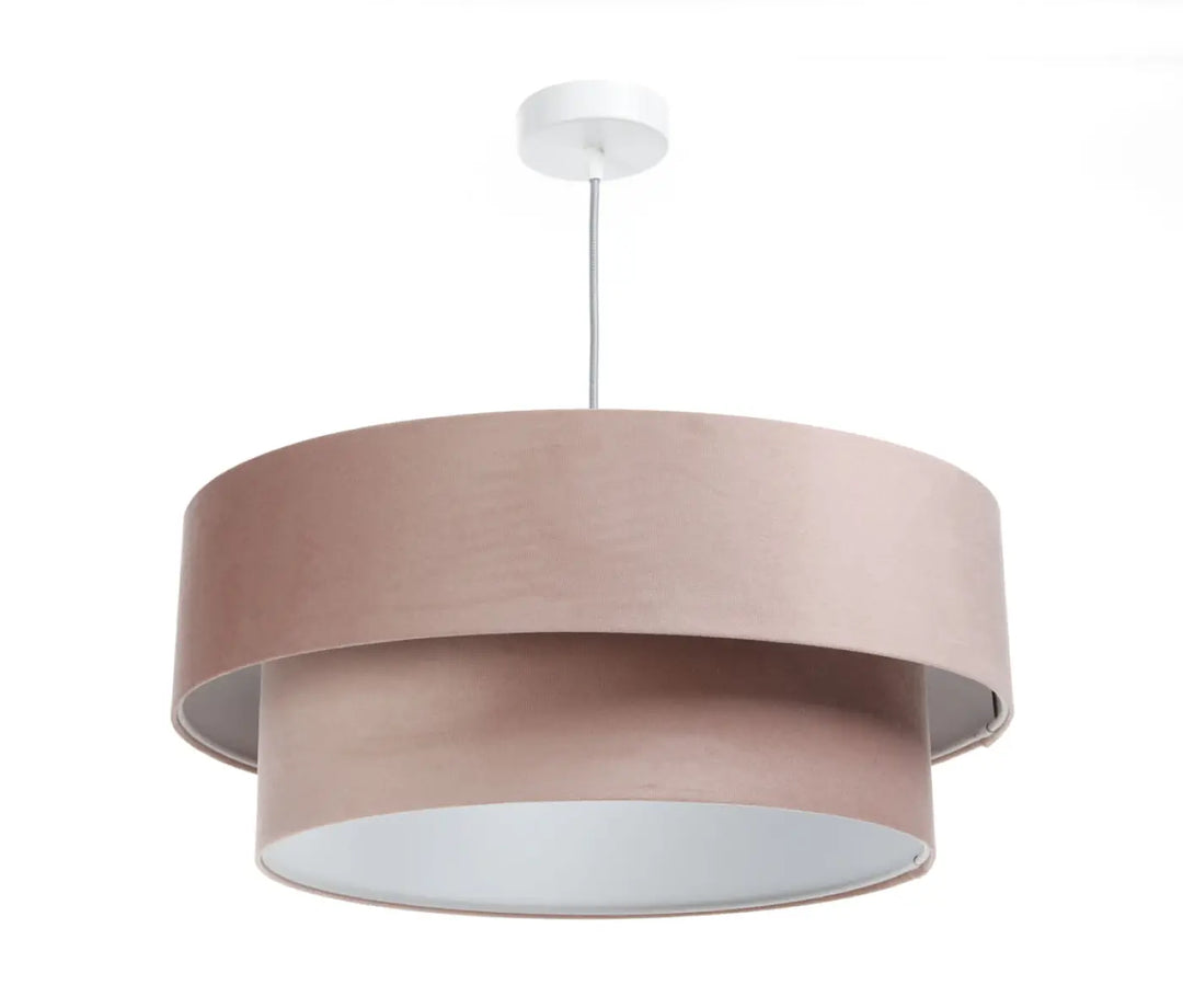 Suspension luminaire duo jasmin en velours élégant rose poudré avec double abat-jour tissu et chaîne métallique fine